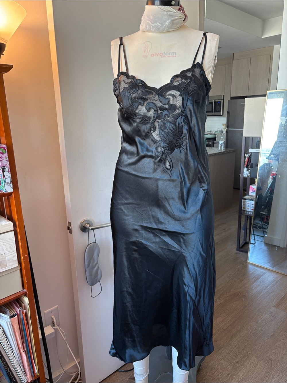 Natori Black Satin Slip with Lace Appliqué